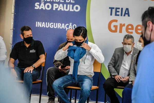Sao Paulo Belediye Başkanı Ricardo Nunes Bruno Covas Yeşil Yenilik Merkezi 'ni açıyor. 5 Haziran, Sao Paulo, Brezilya: Sao Paulo Belediye Başkanı Ricardo Nunes, Bruno Covas Yeşil Sampa Yenilik Merkezi 'nin açılış töreninde
