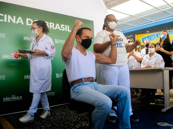 Guvernér Sao Paulo Joao Doria Dostává Druhou Dávku Vakcíny Coronavac — Stock fotografie