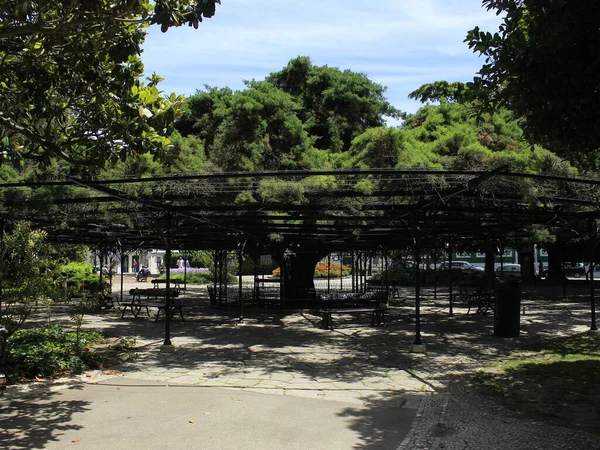 Lisbon 'daki Principe Real Garden manzarası. 3 Haziran 2021, Lizbon, Portekiz: Bairro Alto 'nun eteklerinde bulunan Principe Real Garden manzarası, 19. yüzyılın ortalarında inşa edildi.. 