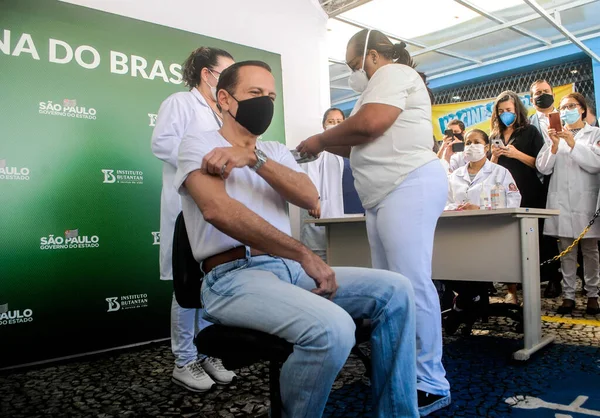 Governador São Paulo João Doria Recebe Segunda Dose Vacina Coronavac — Fotografia de Stock