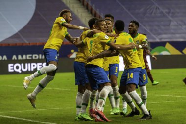 Copa America 2021: Brezilya, Venezuela 'ya karşı. 13 Haziran 2021, Brasilia, Federal Bölge, Brezilya: Marquinhos 'un Brezilya ile Venezuela arasındaki maçta attığı golün anısı, Copa America 2021' in B Grubu 'nun ilk turu için geçerli.,