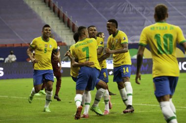 Copa America 2021: Brezilya, Venezuela 'ya karşı. 13 Haziran 2021, Brasilia, Federal Bölge, Brezilya: Marquinhos 'un Brezilya ile Venezuela arasındaki maçta attığı golün anısı, Copa America 2021' in B Grubu 'nun ilk turu için geçerli.,