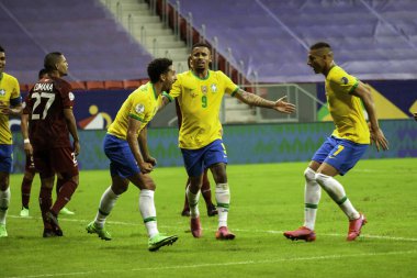Copa America 2021: Brezilya, Venezuela 'ya karşı. 13 Haziran 2021, Brasilia, Federal Bölge, Brezilya: Marquinhos 'un Brezilya ile Venezuela arasındaki maçta attığı golün anısı, Copa America 2021' in B Grubu 'nun ilk turu için geçerli.,