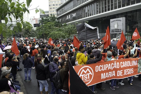 Manifestantes Vinculados Movimiento Trabajadores Sin Hogar Protestan Por Vivienda Frente — Foto de Stock