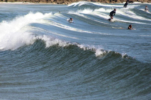 Int Sörfçüler Dalgaların Portekiz Costa Caparica Plajında Spor Yapmak Için — Stok fotoğraf