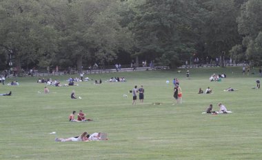 (New Yorklular Central Park Çimenliği. 17 Haziran 2021, New York, ABD: Güneşli bir günde New York 'lular ve turistler Central Park çimlerini doldururken, piknik yaparken, dans ederken, spor yaparken, roman okurken ve partnerleriyle aşk zamanlarının keyfini çıkarırken görülüyor.