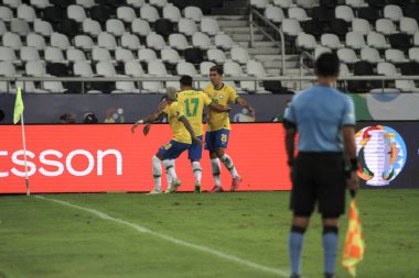 (Copa America: Brezilya ve Kolombiya. 23 Haziran 2021, Rio de Janeiro, Brezilya: Boru, Copa America 'nın resmi maskotu Brezilya ile Kolombiya futbol maçı sırasında, B Grubu Copa America' nın 3. turu için geçerlidir.,