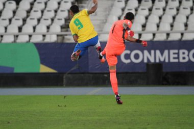 (Copa America: Brezilya ve Kolombiya. 23 Haziran 2021, Rio de Janeiro, Brezilya: Boru, Copa America 'nın resmi maskotu Brezilya ile Kolombiya futbol maçı sırasında, B Grubu Copa America' nın 3. turu için geçerlidir.,