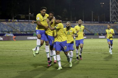  Copa America: Brezilya ve Ekvador. 27 Haziran 2021, Goiania, Brezilya: Brezilya ile Ekvador arasındaki futbol maçı, Copa America 'nın B Grubu için geçerli, 27 Pazar gecesi Goiania' daki Pedro Ludovico Teixeira Olimpiyat Stadyumu 'nda yapıldı.)