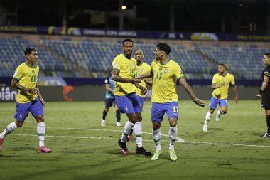  Copa America: Brezilya ve Ekvador. 27 Haziran 2021, Goiania, Brezilya: Brezilya ile Ekvador arasındaki futbol maçı, Copa America 'nın B Grubu için geçerli, 27 Pazar gecesi Goiania' daki Pedro Ludovico Teixeira Olimpiyat Stadyumu 'nda yapıldı.)