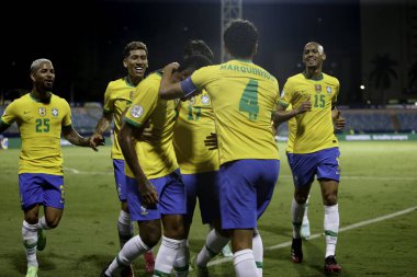  Copa America: Brezilya ve Ekvador. 27 Haziran 2021, Goiania, Brezilya: Brezilya ile Ekvador arasındaki futbol maçı, Copa America 'nın B Grubu için geçerli, 27 Pazar gecesi Goiania' daki Pedro Ludovico Teixeira Olimpiyat Stadyumu 'nda yapıldı.)