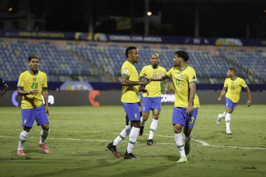  Copa America: Brezilya ve Ekvador. 27 Haziran 2021, Goiania, Brezilya: Brezilya ile Ekvador arasındaki futbol maçı, Copa America 'nın B Grubu için geçerli, 27 Pazar gecesi Goiania' daki Pedro Ludovico Teixeira Olimpiyat Stadyumu 'nda yapıldı.)