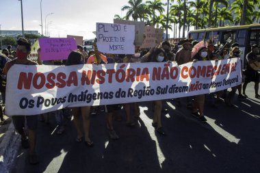 Indigenous people of different ethnicities protest in Brasilia: June 30, 2021, Brasilia, Federal District, Brazil: Indigenous peoples of different ethnicities are protesting in Brasilia against bill 490, which changes the rules for demarcation 