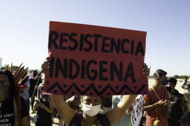 Indigenous people of different ethnicities protest in Brasilia: June 30, 2021, Brasilia, Federal District, Brazil: Indigenous peoples of different ethnicities are protesting in Brasilia against bill 490, which changes the rules for demarcation 