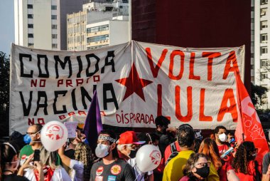 Protest against Bolsonaro in Sao Paulo. July 3, 2021, Sao Paulo, Brazil: Protesters linked to unions and left-wing parties and with the presence of Fernando Haddad, presidential candidate for the PT in the 2018 elections and Gleisi Hoffmann