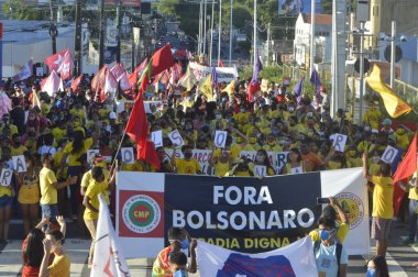 Protest against government of President Bolsonaro, in Natal. July 3, 2021, Natal, Brazil: Protesters linked to unions and left-wing parties are protesting against President Jair Bolsonaro in the streets of downtown Natal, capital of Rio Grande 