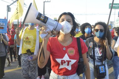 Protest against government of President Bolsonaro, in Natal. July 3, 2021, Natal, Brazil: Protesters linked to unions and left-wing parties are protesting against President Jair Bolsonaro in the streets of downtown Natal, capital of Rio Grande 