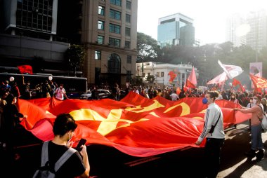 Protest against Bolsonaro in Sao Paulo. July 3, 2021, Sao Paulo, Brazil: Protesters linked to unions and left-wing parties and with the presence of Fernando Haddad, presidential candidate for the PT in the 2018 elections and Gleisi Hoffmann