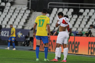 Copa America Yarı Finali: Brezilya Peru 'ya karşı. 5 Temmuz 2021, Rio de Janeiro Brazil: Brezilya ile Peru arasında oynanan ve Copa America 'nın yarı finalinde geçerli olan futbol maçı, 5 Temmuz Pazartesi günü Rio de Janeiro' daki Nilton Santos Stadyumu 'nda (Engenhao)).