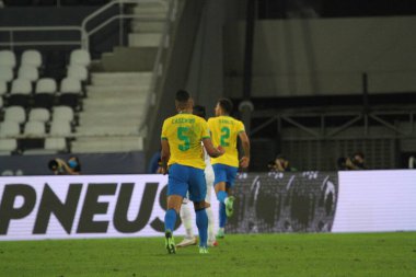 Copa America Yarı Finali: Brezilya Peru 'ya karşı. 5 Temmuz 2021, Rio de Janeiro Brazil: Brezilya ile Peru arasında oynanan ve Copa America 'nın yarı finalinde geçerli olan futbol maçı, 5 Temmuz Pazartesi günü Rio de Janeiro' daki Nilton Santos Stadyumu 'nda (Engenhao)).