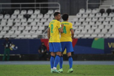 Copa America Yarı Finali: Brezilya Peru 'ya karşı. 5 Temmuz 2021, Rio de Janeiro Brazil: Brezilya ile Peru arasında oynanan ve Copa America 'nın yarı finalinde geçerli olan futbol maçı, 5 Temmuz Pazartesi günü Rio de Janeiro' daki Nilton Santos Stadyumu 'nda (Engenhao)).