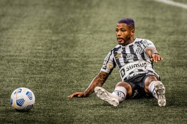 Brezilya Futbol Şampiyonası: Palmeiras ve Santos. 10 Temmuz 2021 'de Brezilya, Sao Paulo: Palmeiras' tan Gustavo Gomez, Brezilya Futbol Şampiyonası 'nın 11. raundunda geçerli olan Palmeiras ve Santos arasındaki futbol maçında golünü kutladı.