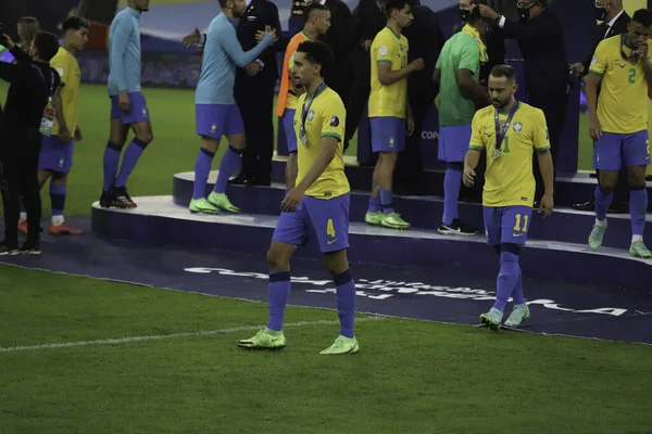 Copa América Julho 2021 Rio Janeiro Brasil Jogadores Argentina Celebram — Fotografia de Stock