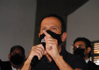 CPTM Mendes-Vila Natal istasyonunun açılışı. 10 Ağustos 2021, Sao Paulo, Brezilya: Sao Paulo Valisi, Joao Doria, başkent belediye başkanı, Ricardo Nunes ve sekreter Mendes-Vila Natal istasyonunun açılış töreni sırasında 