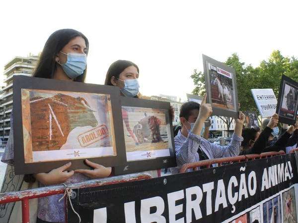 Protest Lizbonie Przeciwko Rozpoczęciu Sezonu Walk Byków Sierpnia 2021 Lizbona — Zdjęcie stockowe