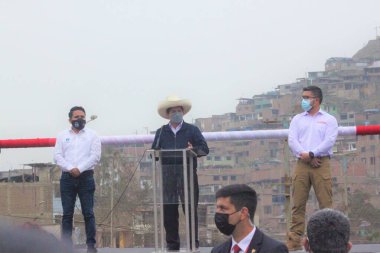 Peru Başkanı Pedro Castillo, ülke nüfusuna içme suyu ve sıhhi tesisat getirmek için megaproje başlattı. 20 Ağustos 2021, Lima, Peru: Peru Başkanı Pedro Castillo
