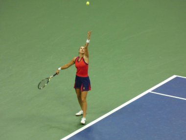 Sabalenka, 2021 USTA Açık Tenis Şampiyonası 'nda Krejcikova' yı Bayanlar Grand Slam Yarışması 'na taşıdı: 7 Eylül 2021, Flushing, Queens, NY, ABD. Belaruslu Aryna Sabalenka ikinci Grand Slam 'ini kazandı.