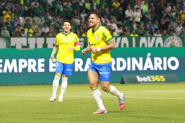 Sao Paulo (SP), 10/15/2025 - Brasileirao/Palmeiras vs Red Bull Bragantino - Players Vitor Roque and Raphael Veiga during the match between Palmeiras and Red Bull Bragantino, for the 28th round (Leco Viana/Thenews2)
