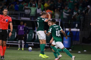 Palmeiras 'tan Bruno Fuchs, 30 Ekim 2025 Perşembe gecesi Sao Paulo-SP' deki Allianz Parque 'da oynanan yarı finalde Palmeiras ve LDU Quito arasında oynanan maçta attığı golü kutluyor.. 