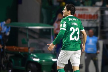 Palmeiras 'lı Raphael Veiga, 30 Ekim 2025 Perşembe gecesi Sao Paulo-SP' deki Allianz Parque 'da oynanan Conmebol Libertadores yarı finalinin ikinci ayağı için Palmeiras ve LDU Quito arasındaki maçtaki golünü atıyor ve kutluyor.. 