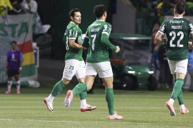 Palmeiras 'lı Raphael Veiga, 30 Ekim 2025 Perşembe gecesi Sao Paulo-SP' deki Allianz Parque 'da oynanan Conmebol Libertadores yarı finalinin ikinci ayağı için Palmeiras ve LDU Quito arasındaki maçtaki golünü atıyor ve kutluyor..