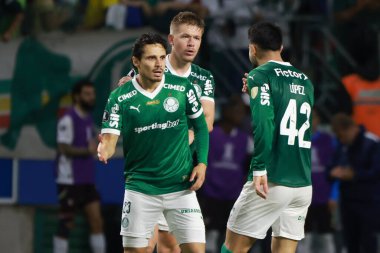 Palmeiras 'lı Raphael Veiga, 30 Ekim 2025 Perşembe gecesi Sao Paulo-SP' deki Allianz Parque 'da oynanan Conmebol Libertadores yarı finalinin ikinci ayağı için Palmeiras ve LDU Quito arasındaki maçtaki golünü atıyor ve kutluyor..