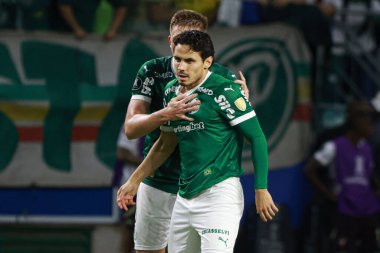 Palmeiras 'lı Raphael Veiga, 30 Ekim 2025 Perşembe gecesi Sao Paulo-SP' deki Allianz Parque 'da oynanan Conmebol Libertadores yarı finalinin ikinci ayağı için Palmeiras ve LDU Quito arasındaki maçtaki golünü atıyor ve kutluyor.. 