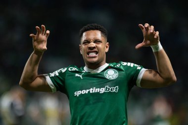 Sao Paulo (SP), 06 / 11 / 2025 - Vitor Roque, Brezilya futbol şampiyonasının 32. turu (ronaldo barreto / theenews2) için Palmeiras ve Santos arasındaki maçtaki golünü kutluyor)
