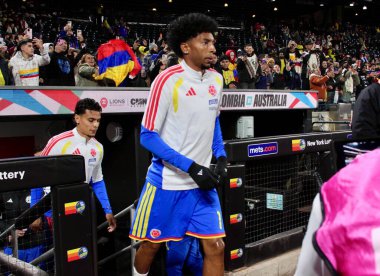 18 Kasım 2025, New York, ABD: Kolombiyalı oyuncular 2026 Dünya Kupası (niyi fote / thews2) hazırlığı için Citi sahasındaki stadyumda Kolombiya ile Avustralya arasında oynanan dostluk maçında ısınıyorlar)