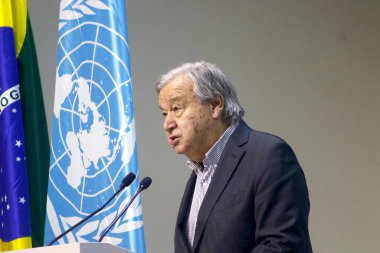 Belem (PA), Brezilya 11 / 20 / 2025 - BM Genel Sekreteri Antonio Guterres, 30. Birleşmiş Milletler İklim Değişikliği Konferansı 'nın onuncu günü olan COP30' da bir basın toplantısı düzenleyecek (COP30).).