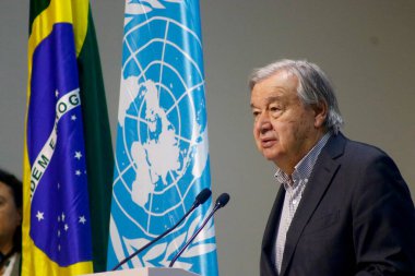 Belem (PA), Brezilya 11 / 20 / 2025 - BM Genel Sekreteri Antonio Guterres, 30. Birleşmiş Milletler İklim Değişikliği Konferansı 'nın onuncu günü olan COP30' da bir basın toplantısı düzenleyecek (COP30).).