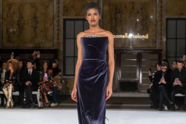 Pamella Roland - Runway - Şubat 2026 New York Moda Haftası. 12 Şubat 2026, New York, New York, ABD: New York Halk Kütüphanesi 'ndeki New York Moda Haftası sırasında Pamella Roland defilesi için bir model podyumda yürüyor