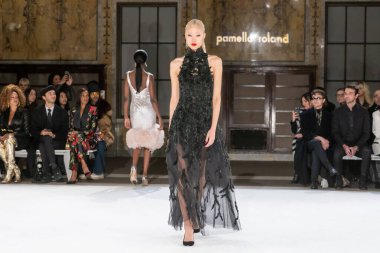 Pamella Roland - Runway - Şubat 2026 New York Moda Haftası. 12 Şubat 2026, New York, New York, ABD: New York Halk Kütüphanesi 'ndeki New York Moda Haftası sırasında Pamella Roland defilesi için bir model podyumda yürüyor