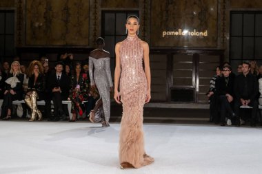 Pamella Roland - Runway - Şubat 2026 New York Moda Haftası. 12 Şubat 2026, New York, New York, ABD: New York Halk Kütüphanesi 'ndeki New York Moda Haftası sırasında Pamella Roland defilesi için bir model podyumda yürüyor