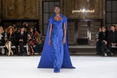 Pamella Roland - Runway - Şubat 2026 New York Moda Haftası. 12 Şubat 2026, New York, New York, ABD: New York Halk Kütüphanesi 'ndeki New York Moda Haftası sırasında Pamella Roland defilesi için bir model podyumda yürüyor