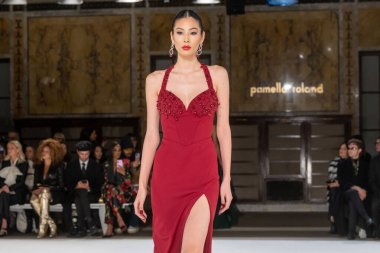 Pamella Roland - Runway - Şubat 2026 New York Moda Haftası. 12 Şubat 2026, New York, New York, ABD: New York Halk Kütüphanesi 'ndeki New York Moda Haftası sırasında Pamella Roland defilesi için bir model podyumda yürüyor