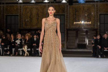 Pamella Roland - Runway - Şubat 2026 New York Moda Haftası. 12 Şubat 2026, New York, New York, ABD: New York Halk Kütüphanesi 'ndeki New York Moda Haftası sırasında Pamella Roland defilesi için bir model podyumda yürüyor