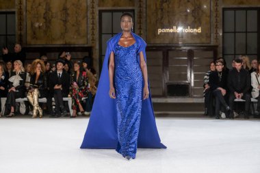 Pamella Roland - Runway - Şubat 2026 New York Moda Haftası. 12 Şubat 2026, New York, New York, ABD: New York Halk Kütüphanesi 'ndeki New York Moda Haftası sırasında Pamella Roland defilesi için bir model podyumda yürüyor