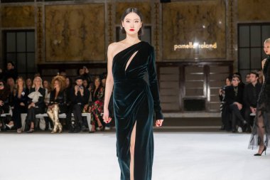 Pamella Roland - Runway - Şubat 2026 New York Moda Haftası. 12 Şubat 2026, New York, New York, ABD: New York Halk Kütüphanesi 'ndeki New York Moda Haftası sırasında Pamella Roland defilesi için bir model podyumda yürüyor