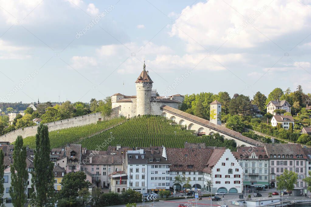 Schaffhausen, Switzerland. Munot fortress overlooks the river rhin and the village of Schaffhausen surrounded by vineyards